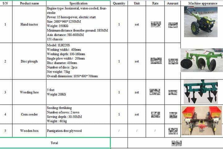 Walking tractor invoice