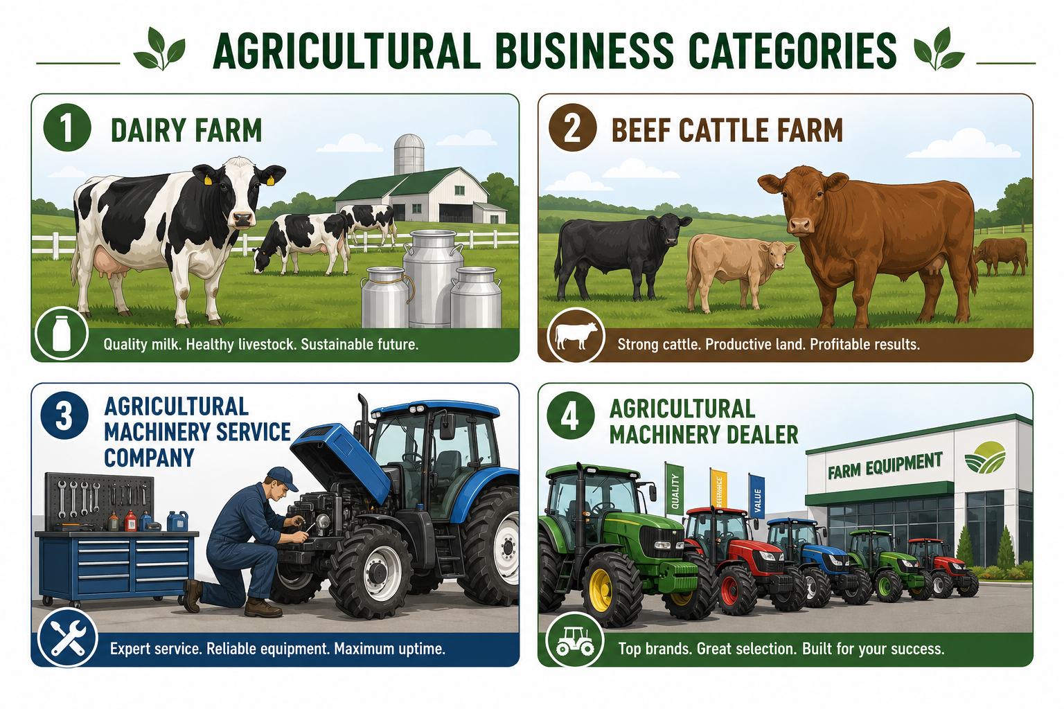 Infographic of four agricultural business categories: dairy farm, beef cattle farm, machinery service company, and machinery dealer