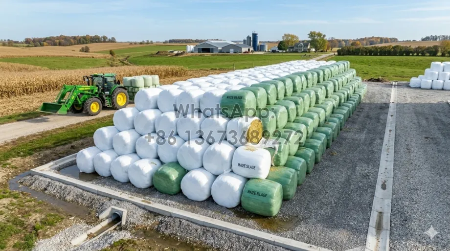 Wrapped maize silage bales stacked on a drained pad